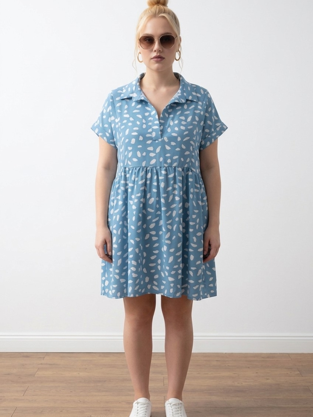 Umgee Blue & White Printed Polo Babydoll Mini Dress